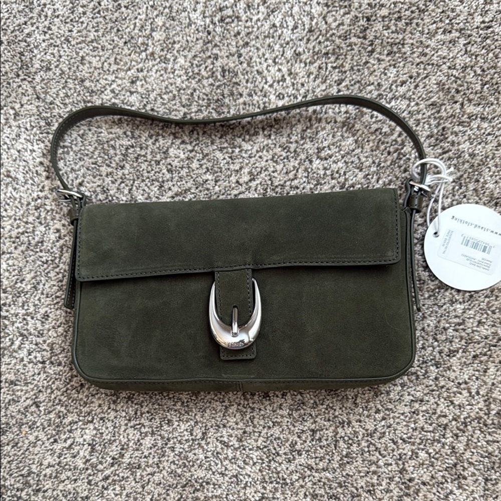 STAUD Avocado Green HARLOW Suede Bag with Silver Accent